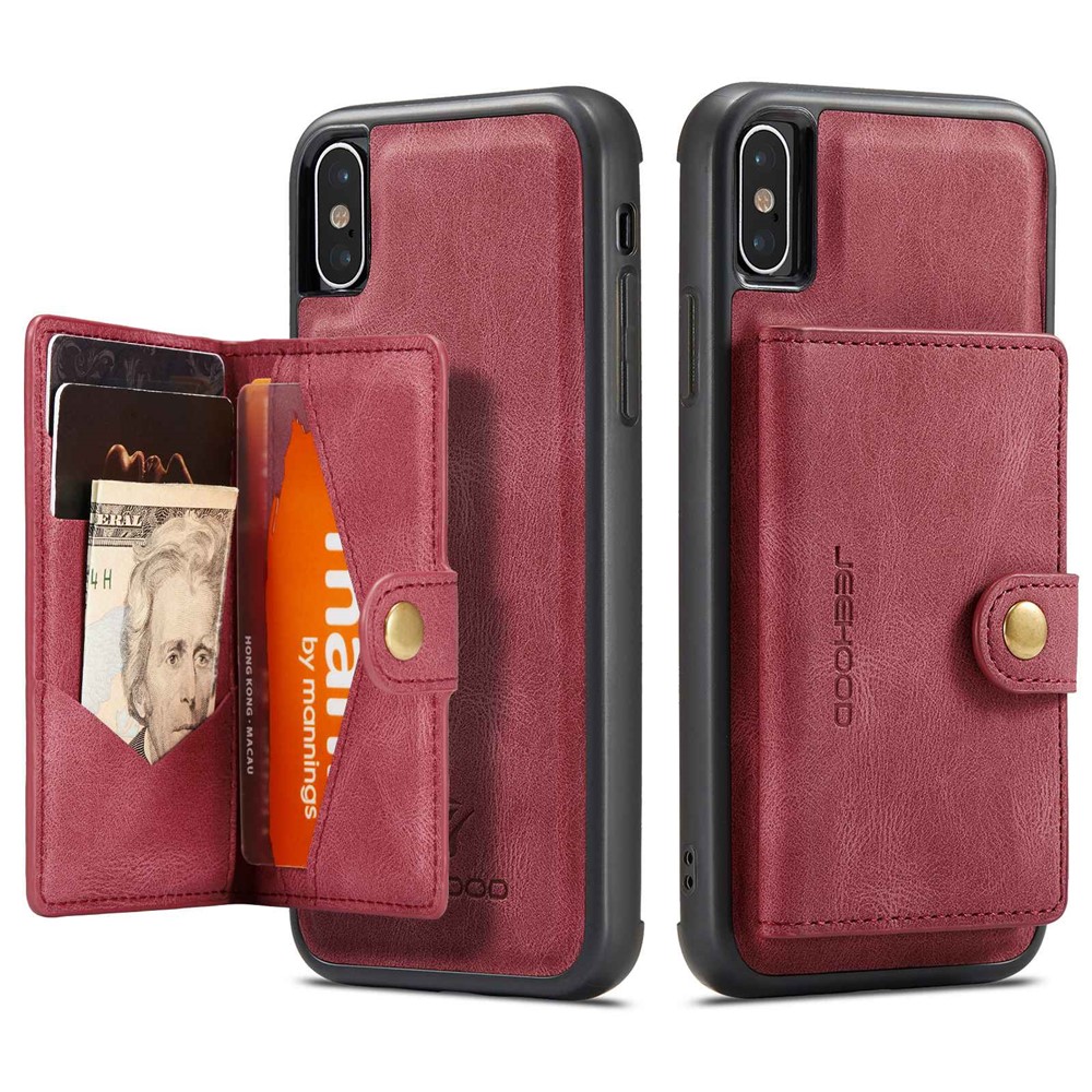 JEEHOOD For iPhone XS 5.8 inch/iPhone X Detachable Wallet Leather Coated TPU Phone Case Kickstand Protective Cover - Red