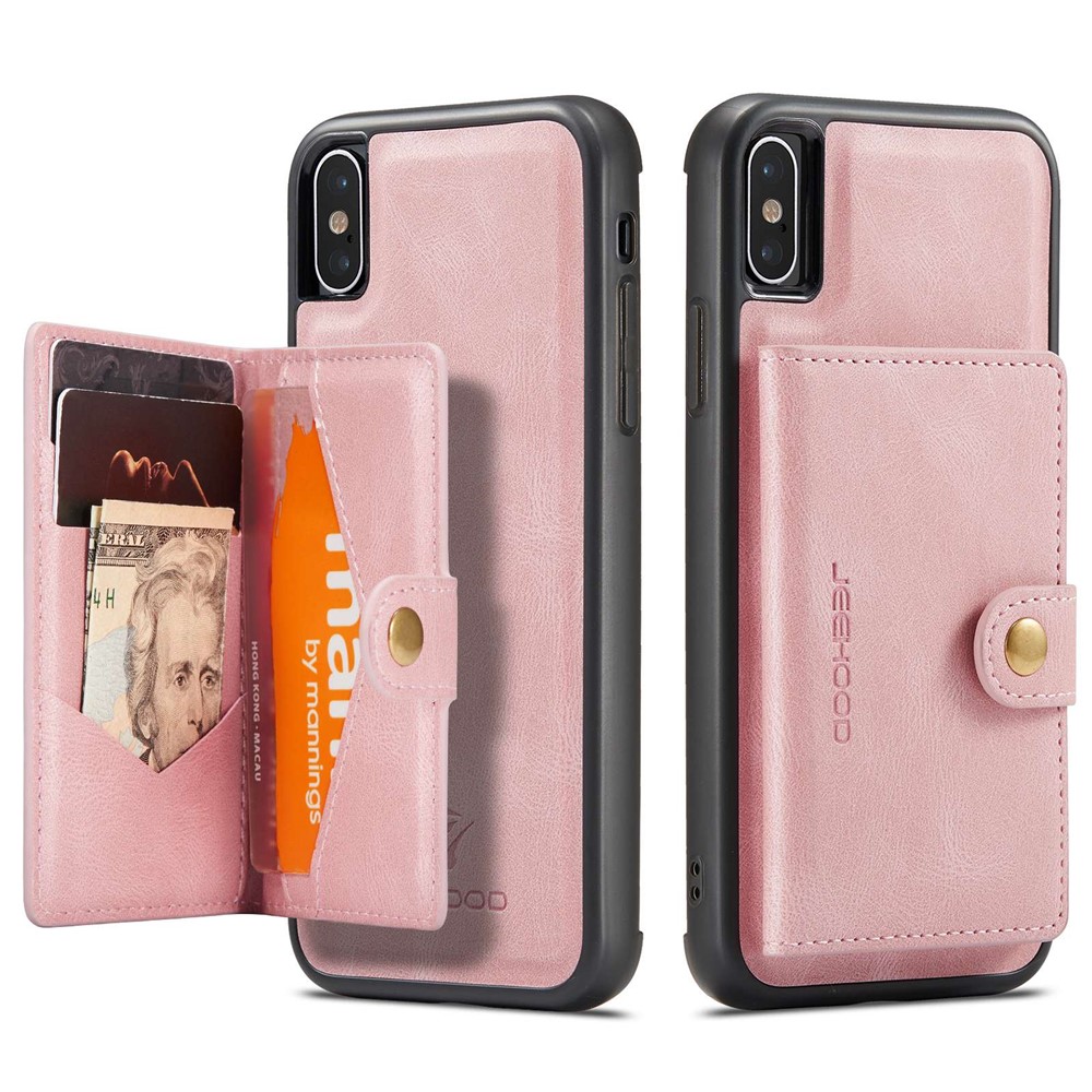 JEEHOOD For iPhone XS 5.8 inch/iPhone X Detachable Wallet Leather Coated TPU Phone Case Kickstand Protective Cover - Rose Gold