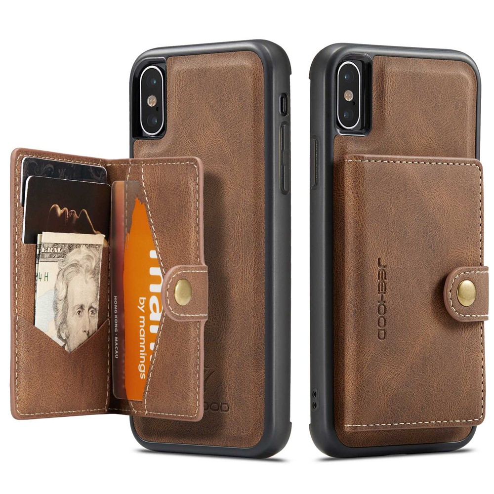 JEEHOOD For iPhone XS 5.8 inch/iPhone X Detachable Wallet Leather Coated TPU Phone Case Kickstand Protective Cover - Brown