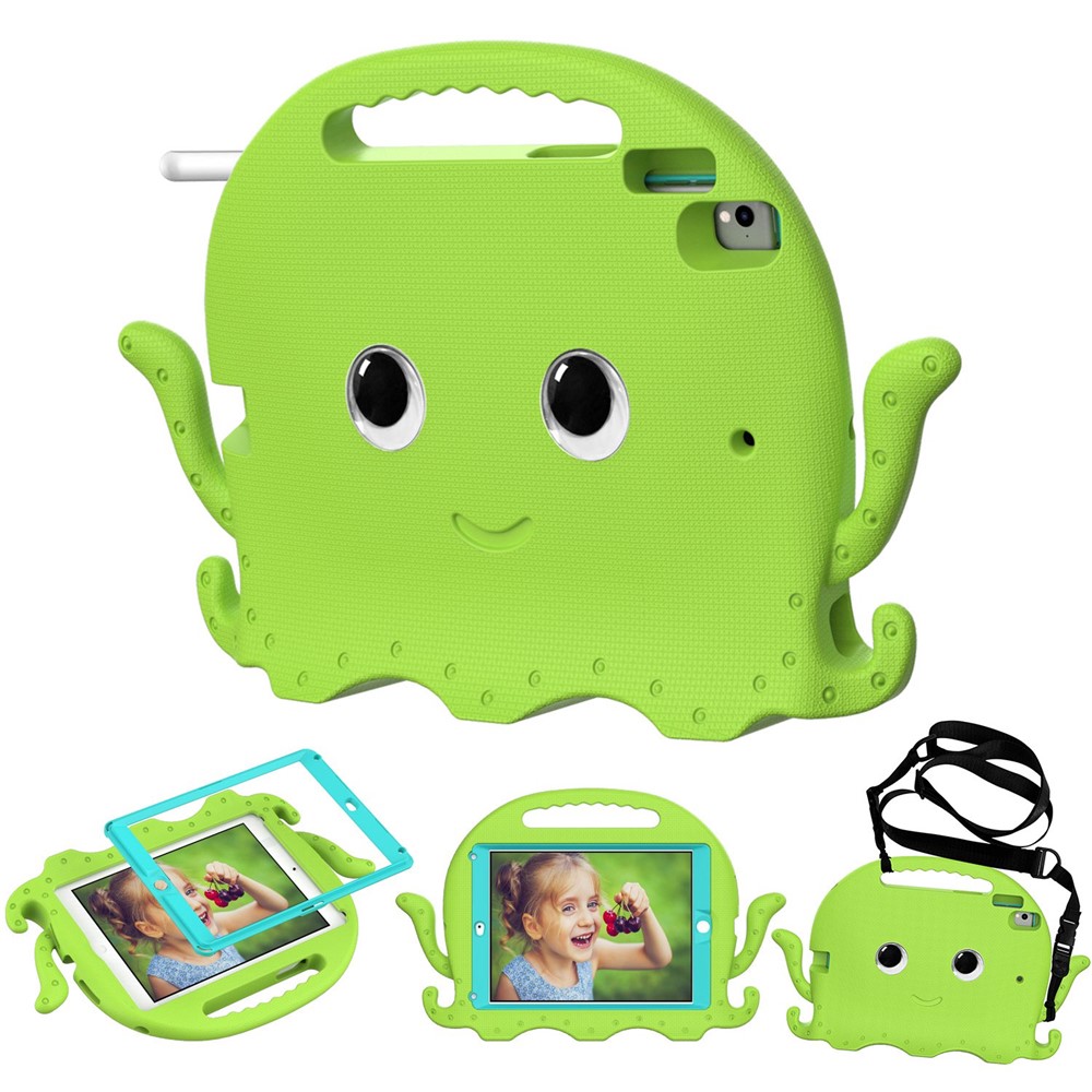 For iPad 9.7-inch (2017)/(2018)/iPad Pro 9.7 inch (2016) Portable EVA Case Cute Cartoon Octopus Pen Slot Design Anti-drop Tablet Protective Cover with Handle and Shoulder Strap - Green