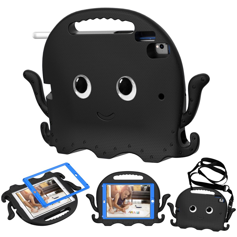 For iPad 9.7-inch (2017)/(2018)/iPad Pro 9.7 inch (2016) Portable EVA Case Cute Cartoon Octopus Pen Slot Design Anti-drop Tablet Protective Cover with Handle and Shoulder Strap - Black