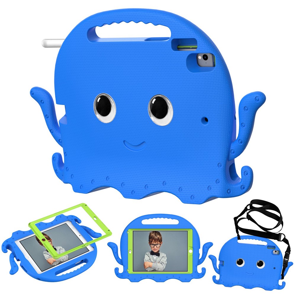 For iPad 9.7-inch (2017)/(2018)/iPad Pro 9.7 inch (2016) Portable EVA Case Cute Cartoon Octopus Pen Slot Design Anti-drop Tablet Protective Cover with Handle and Shoulder Strap - Blue