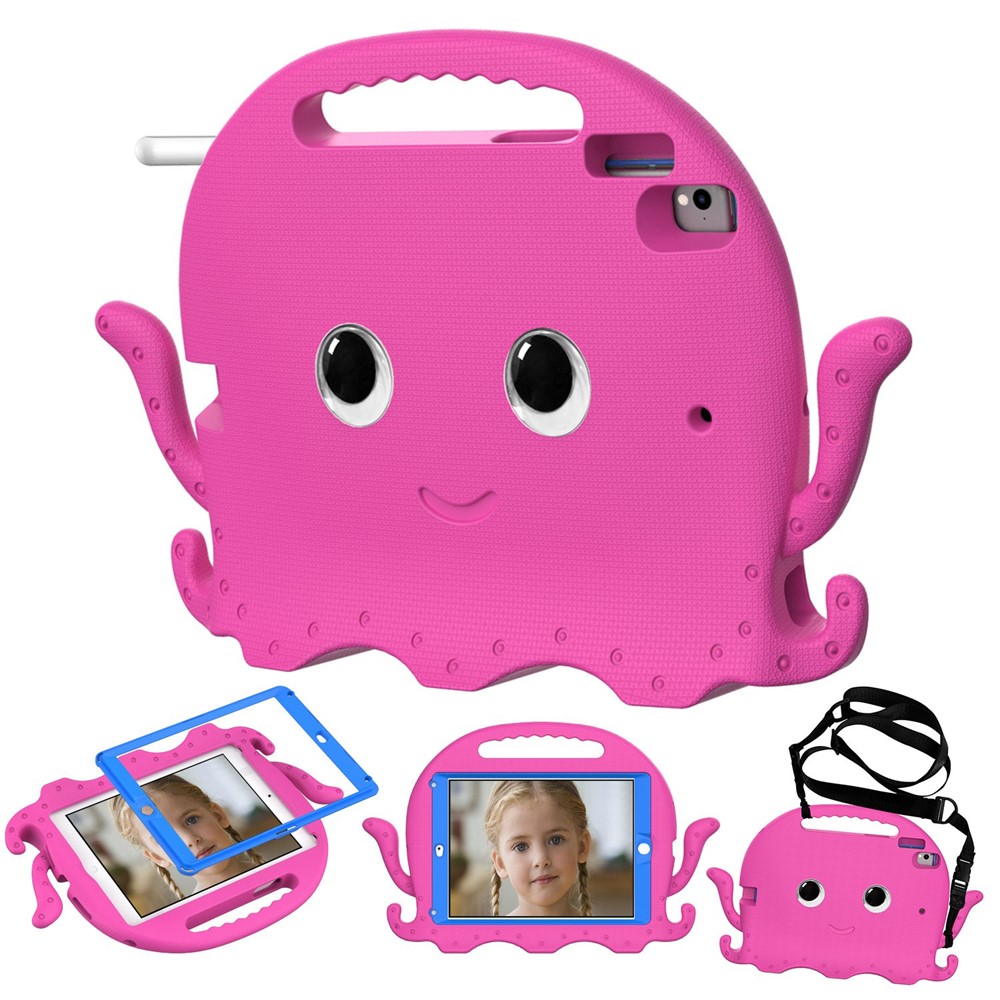 For iPad 9.7-inch (2017)/(2018)/iPad Pro 9.7 inch (2016) Portable EVA Case Cute Cartoon Octopus Pen Slot Design Anti-drop Tablet Protective Cover with Handle and Shoulder Strap - Rose