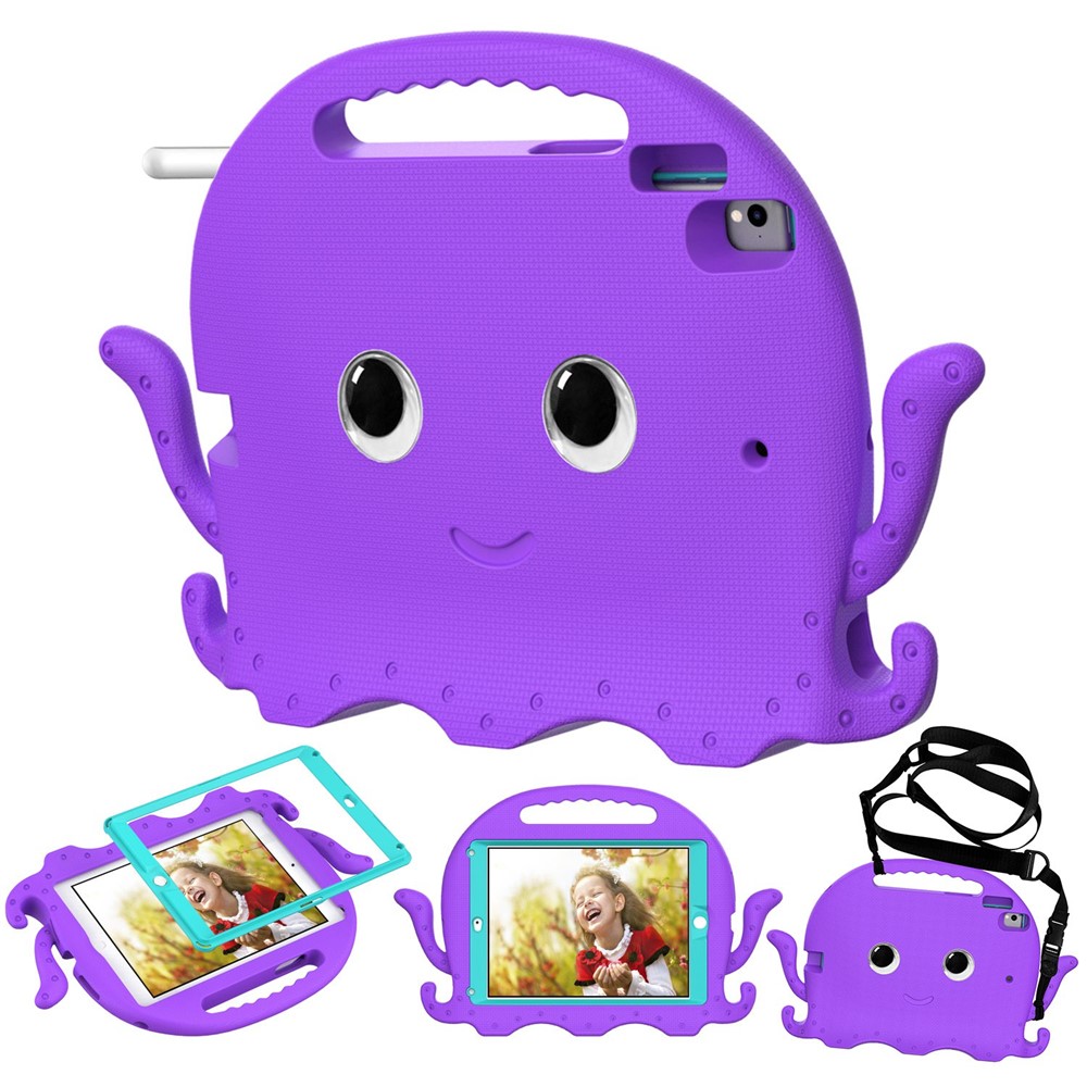 For iPad 9.7-inch (2017)/(2018)/iPad Pro 9.7 inch (2016) Portable EVA Case Cute Cartoon Octopus Pen Slot Design Anti-drop Tablet Protective Cover with Handle and Shoulder Strap - Purple