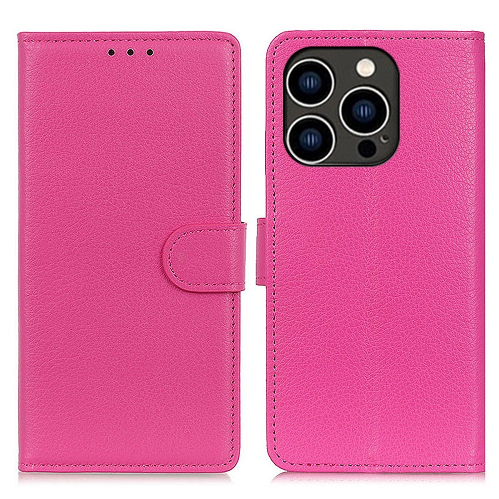 For iPhone 14 Pro 6.1 inch Litchi Texture Wear-resistant PU Leather Cover Stand Magnetic Protective Drop-proof Wallet Case - Rose-1