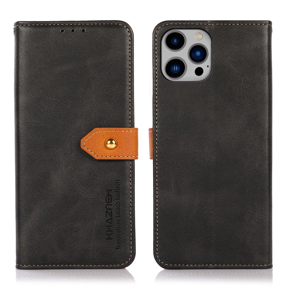 KHAZNEH for iPhone 14 Pro Max 6.7 inch Phone Protector Foldable Stand Shell Dual Color Leather Flip Wallet Phone Case with Buckle - Black-1