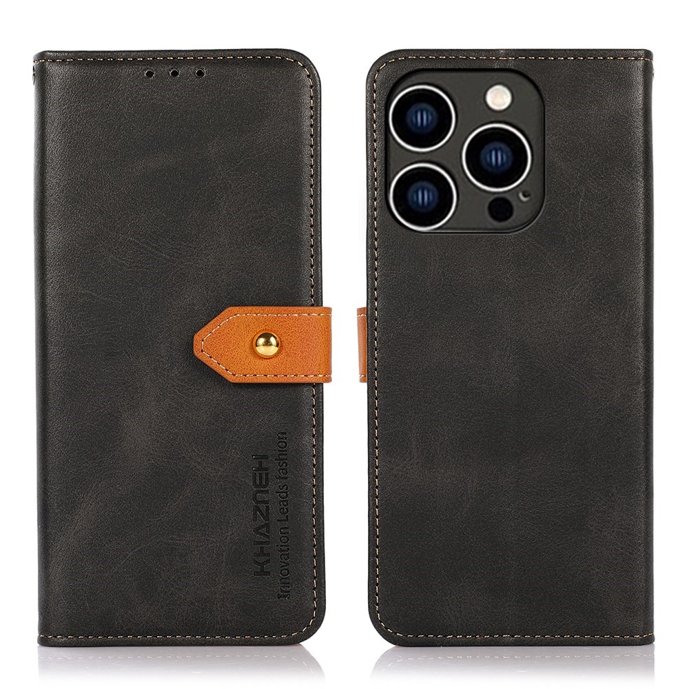 KHAZNEH for iPhone 14 Pro 6.1 inch Phone Protector Stand Function Cover Dual Color Leather Flip Wallet Cell Phone Case with Buckle - Black-1