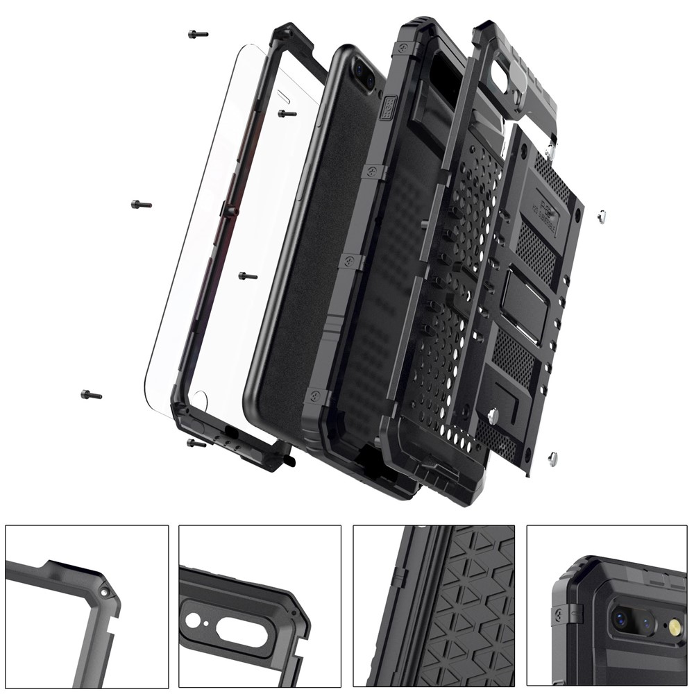 For iPhone 7 Plus 5.5 inch/8 Plus 5.5 inch Shockproof Waterproof Dust-proof Plastic+Metal+Tempered Glass Phone Full-protection Cover Drop-proof Case - Black-6