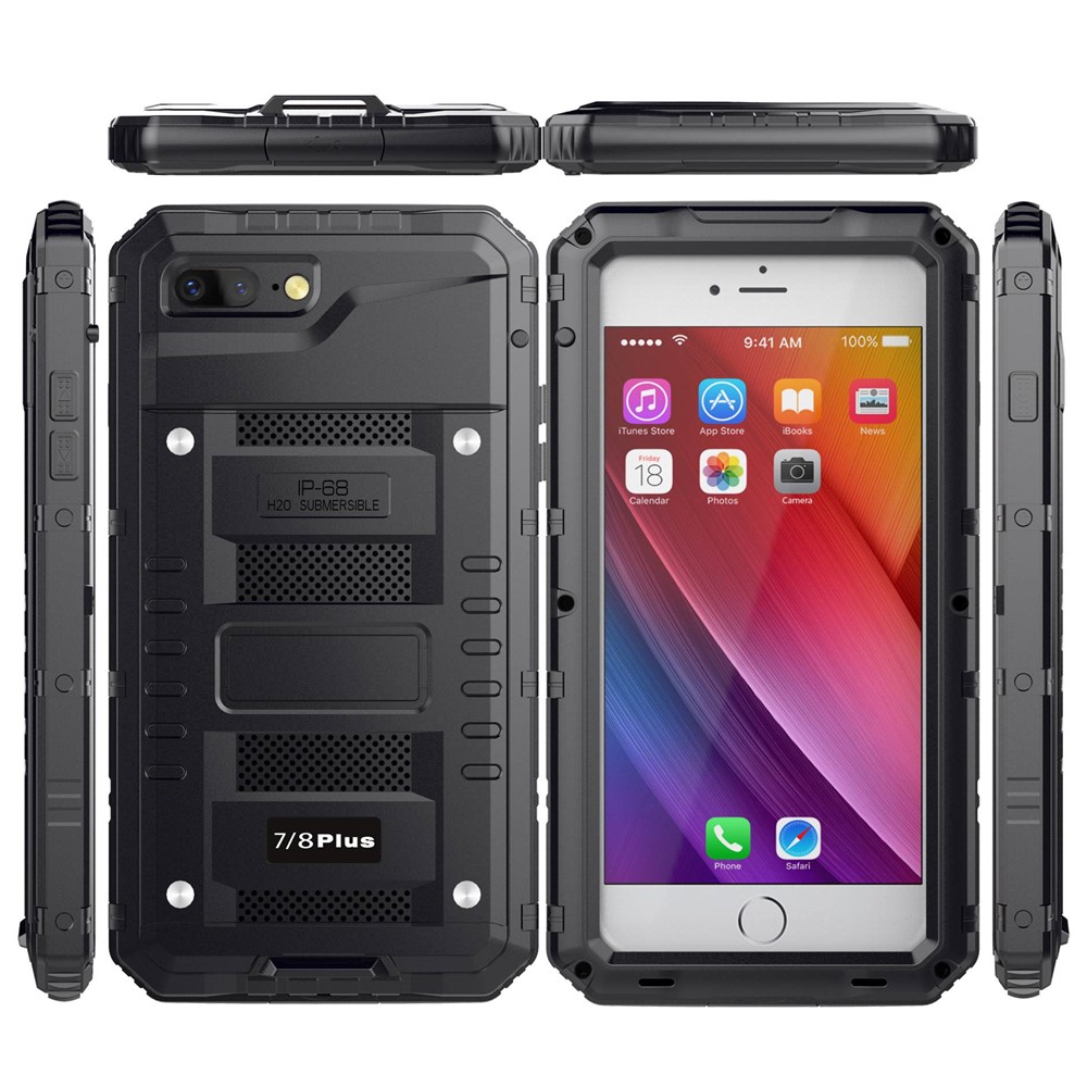 For iPhone 7 Plus 5.5 inch/8 Plus 5.5 inch Shockproof Waterproof Dust-proof Plastic+Metal+Tempered Glass Phone Full-protection Cover Drop-proof Case - Black-8