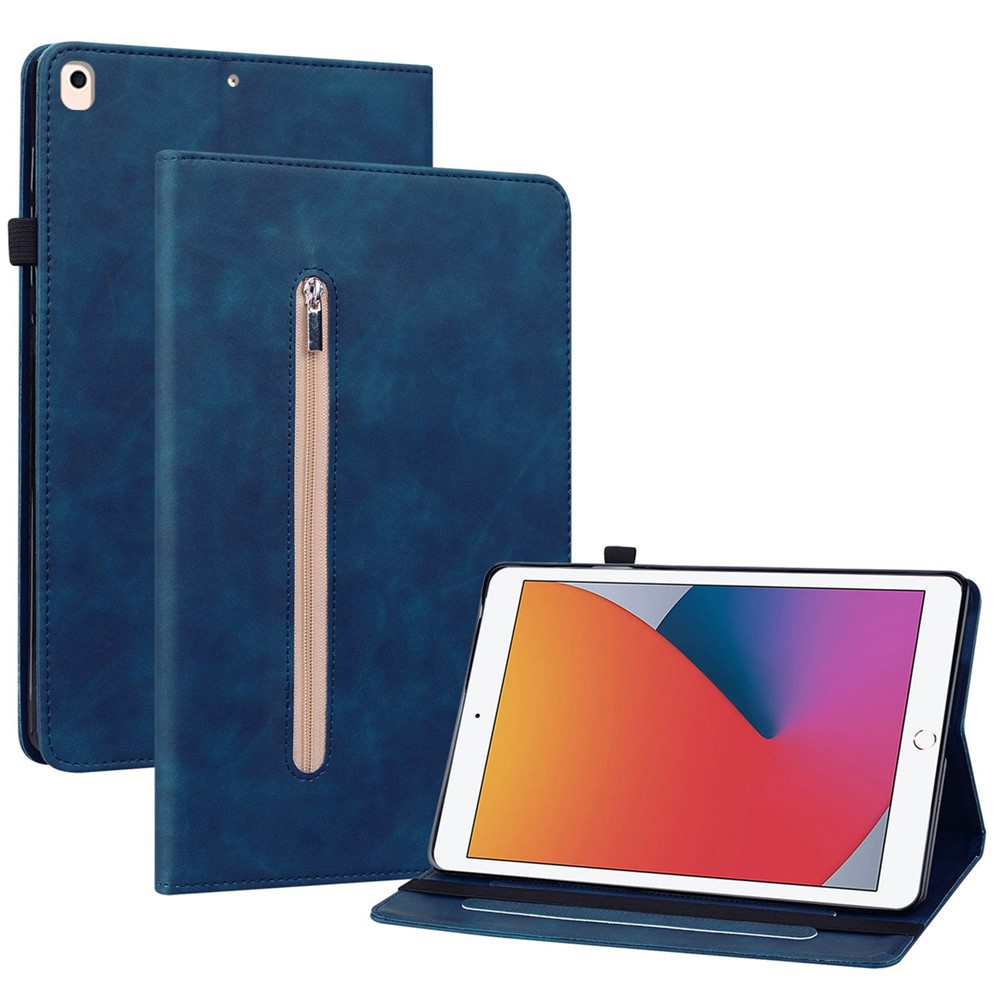 For iPad 9.7-inch (2018)/9.7-inch (2017)/iPad Air 2/iPad Air (2013) Anti-drop Solid Color Tablet Case with Zipper Pocket Shockproof PU Leather Tablet Wallet Stand with Card Slots - Dark Blue-1
