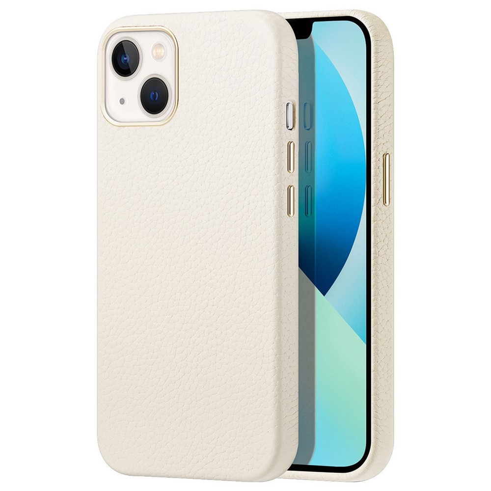 DUX DUCIS Phone Case for iPhone 13 6.1 inch Roma Series for MagSafe Wireless Charging, Litchi Texture Built-in Magnets Genuine Leather Coated+PC Hybrid Shockproof Mobile Phone Cover Shell - White-1