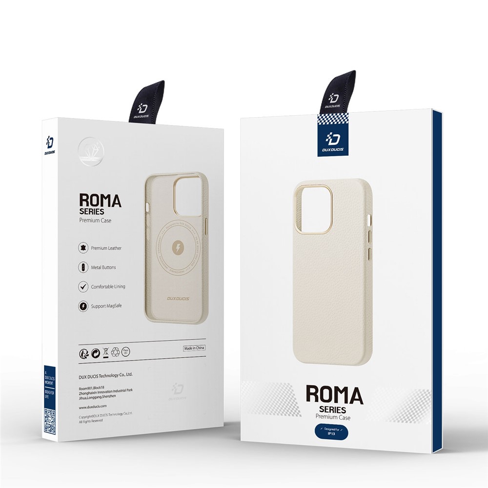 DUX DUCIS Phone Case for iPhone 13 6.1 inch Roma Series for MagSafe Wireless Charging, Litchi Texture Built-in Magnets Genuine Leather Coated+PC Hybrid Shockproof Mobile Phone Cover Shell - White-10