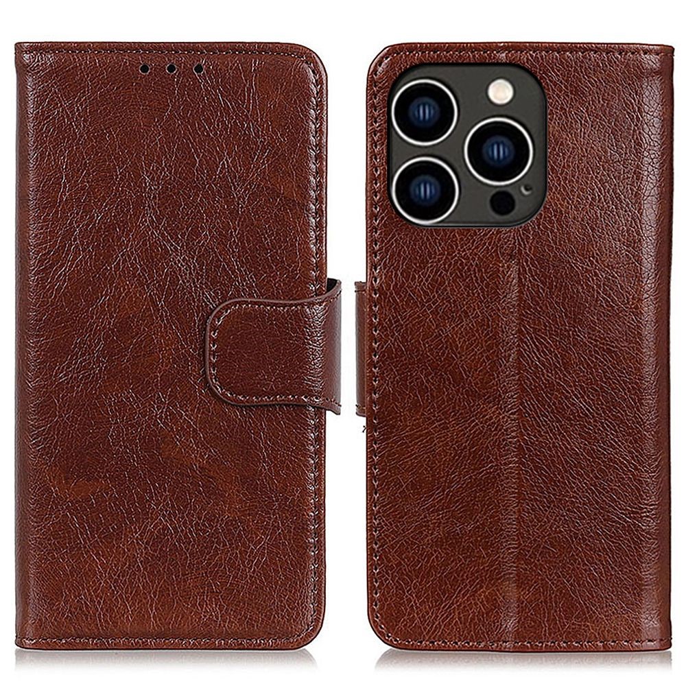 For iPhone 14 Pro 6.1 inch Split Leather Nappa Texture Phone Case with Magnetic Closure Stand Wallet Shockproof Phone Cover - Brown-1