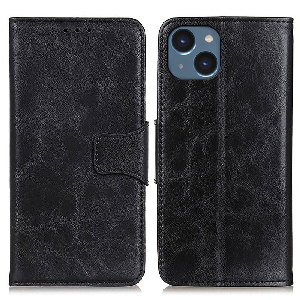 For iPhone 14 6.1 inch Phone Covering Shell Crazy Horse Texture Split Leather Case Viewing Stand Flip Wallet Shockproof Cover - Black-1