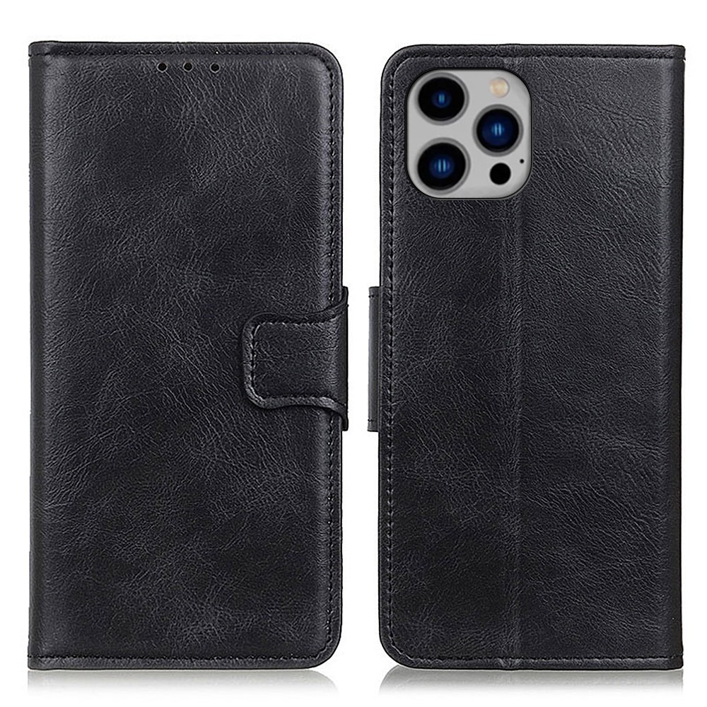 For iPhone 14 Max 6.7 inch Crazy Horse Texture Wallet Flip Cover PU Leather TPU Inner Magnetic Closure Stand Folio Full Protection Case - Black-1