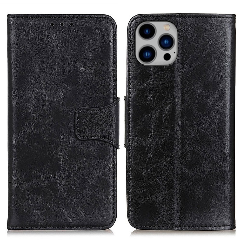 For iPhone 14 Max 6.7 inch Anti-drop Full Coverage Phone Cover Crazy Horse Texture Phone Protection Split Leather Case Viewing Stand Flip Wallet Shockproof Shell - Black-1