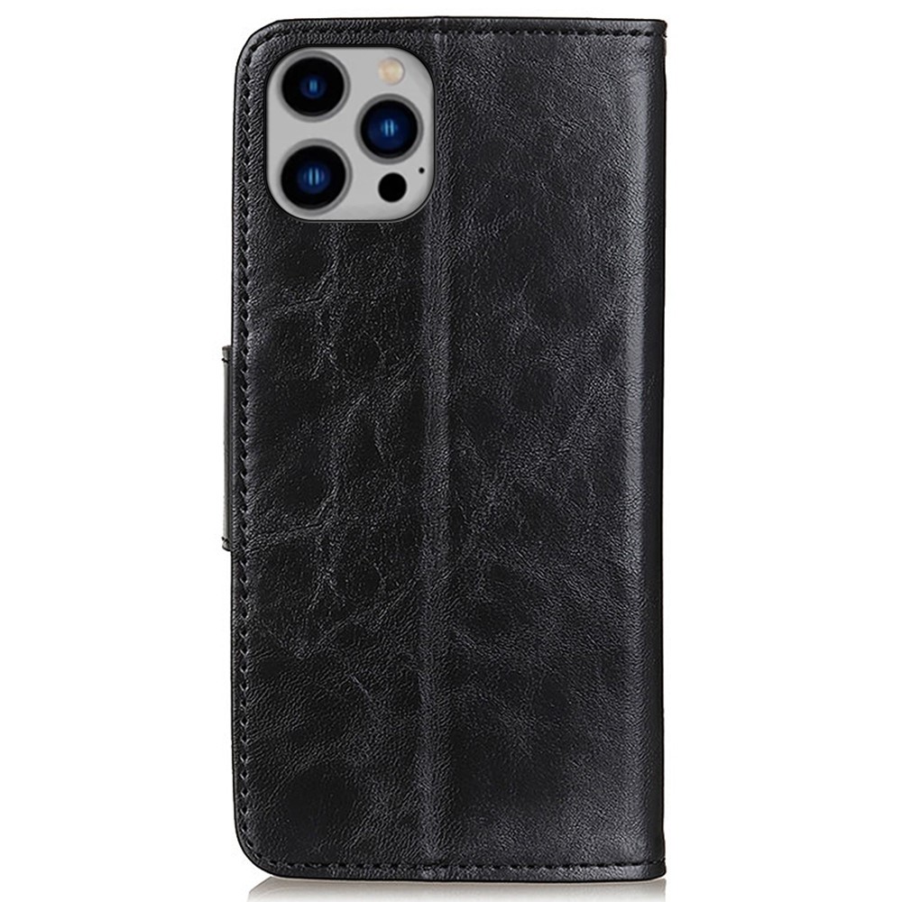 For iPhone 14 Max 6.7 inch Anti-drop Full Coverage Phone Cover Crazy Horse Texture Phone Protection Split Leather Case Viewing Stand Flip Wallet Shockproof Shell - Black-7