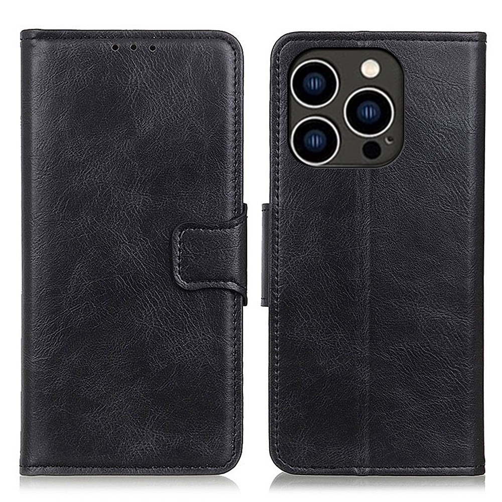 For iPhone 14 Pro 6.1 inch Crazy Horse Texture PU Leather Magnetic Case TPU Inner Shell Shockproof Viewing Stand Flip Wallet Cover - Black-1