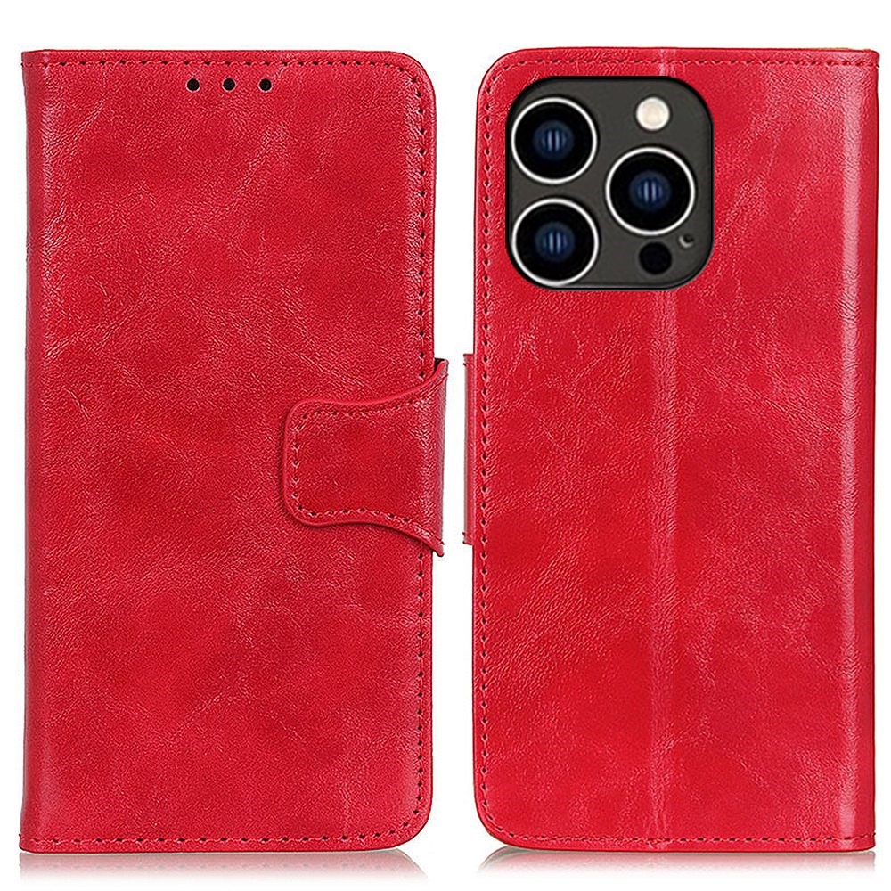For iPhone 14 Pro 6.1 inch Crazy Horse Texture Split Leather Case Anti-scratch Phone Cover Viewing Stand Flip Wallet Shockproof Cellphone Shell - Red-1