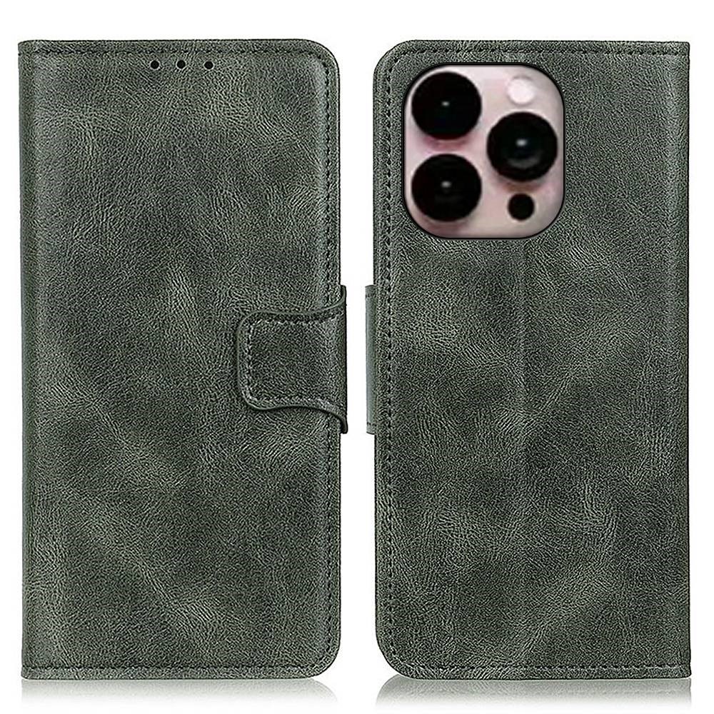 For iPhone 14 Pro Max 6.7 inch Wallet Case Crazy Horse Texture PU Leather Magnetic Closure Stand Function Protective Cover - Blackish Green-1