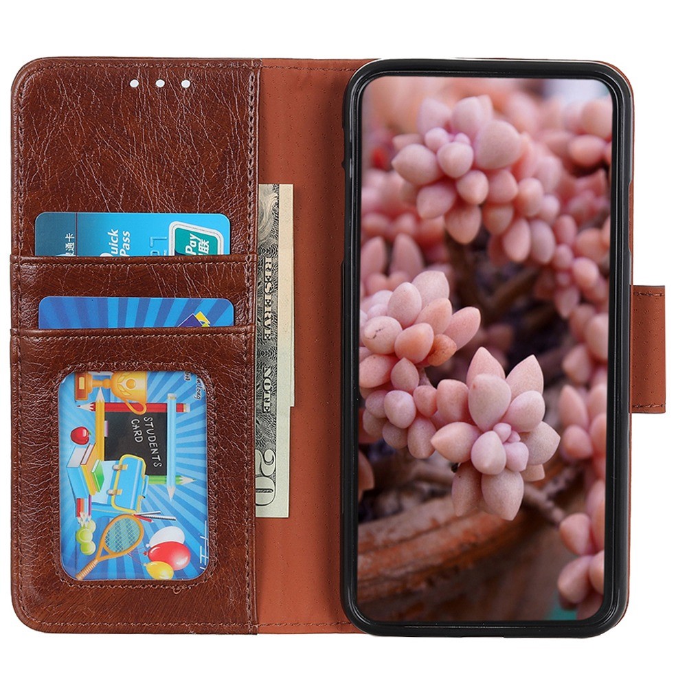 Split Leather Nappa Texture Phone Case for iPhone 14 6.1 inch, Magnetic Closure Stand Wallet Anti-drop Phone Cover Shockproof Mobile Phone Shell - Brown-3