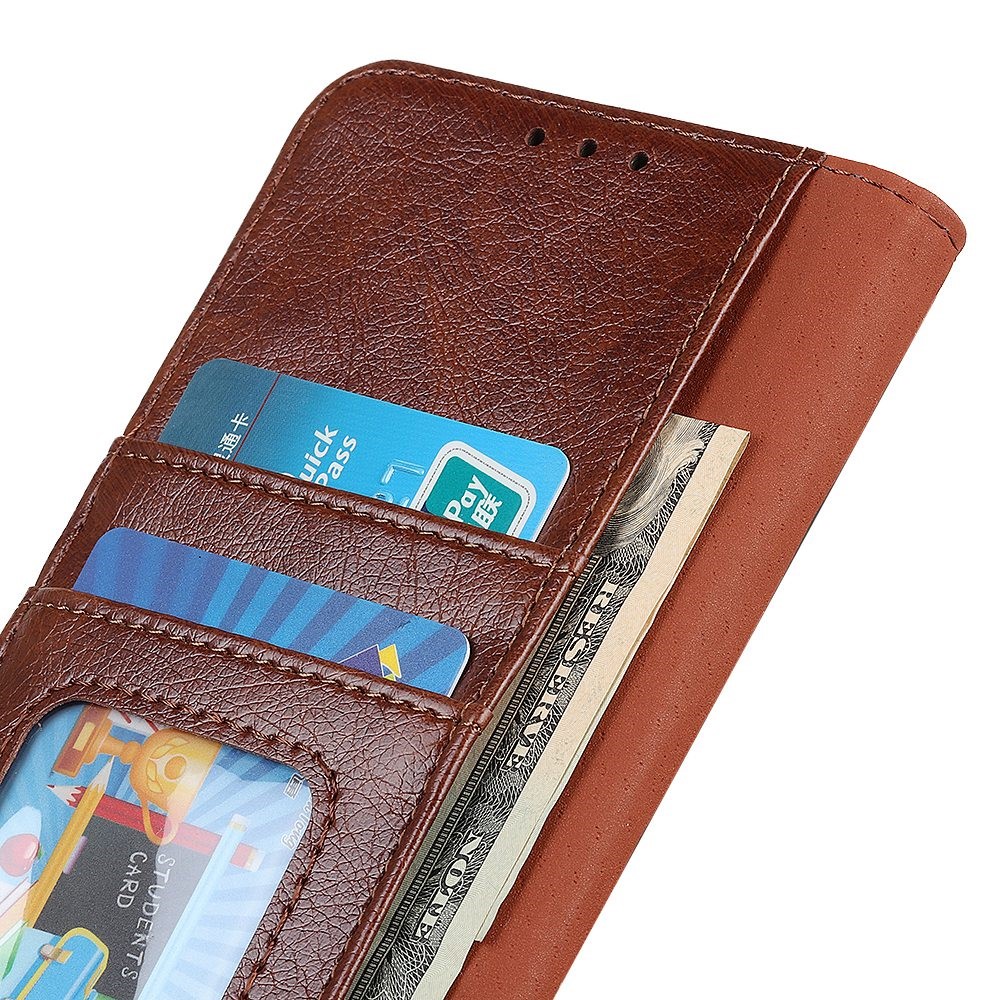 Split Leather Nappa Texture Phone Case for iPhone 14 6.1 inch, Magnetic Closure Stand Wallet Anti-drop Phone Cover Shockproof Mobile Phone Shell - Brown-5