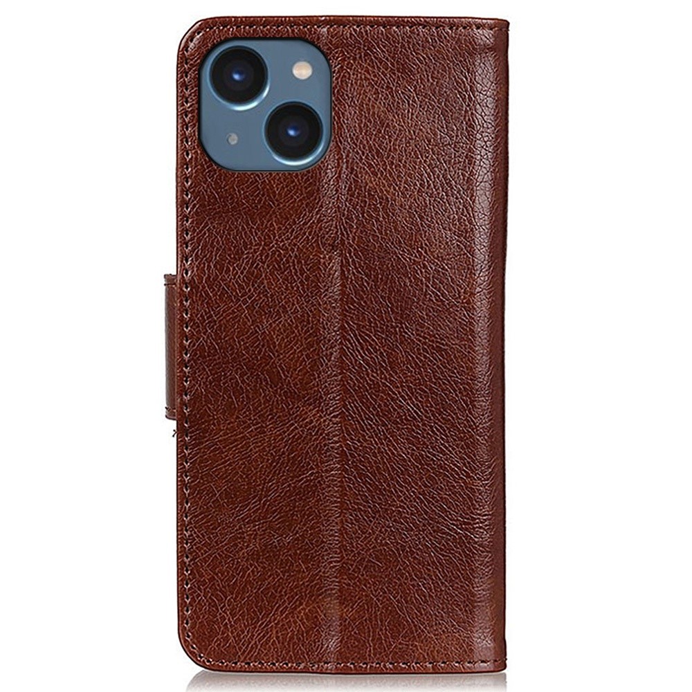 Split Leather Nappa Texture Phone Case for iPhone 14 6.1 inch, Magnetic Closure Stand Wallet Anti-drop Phone Cover Shockproof Mobile Phone Shell - Brown-7