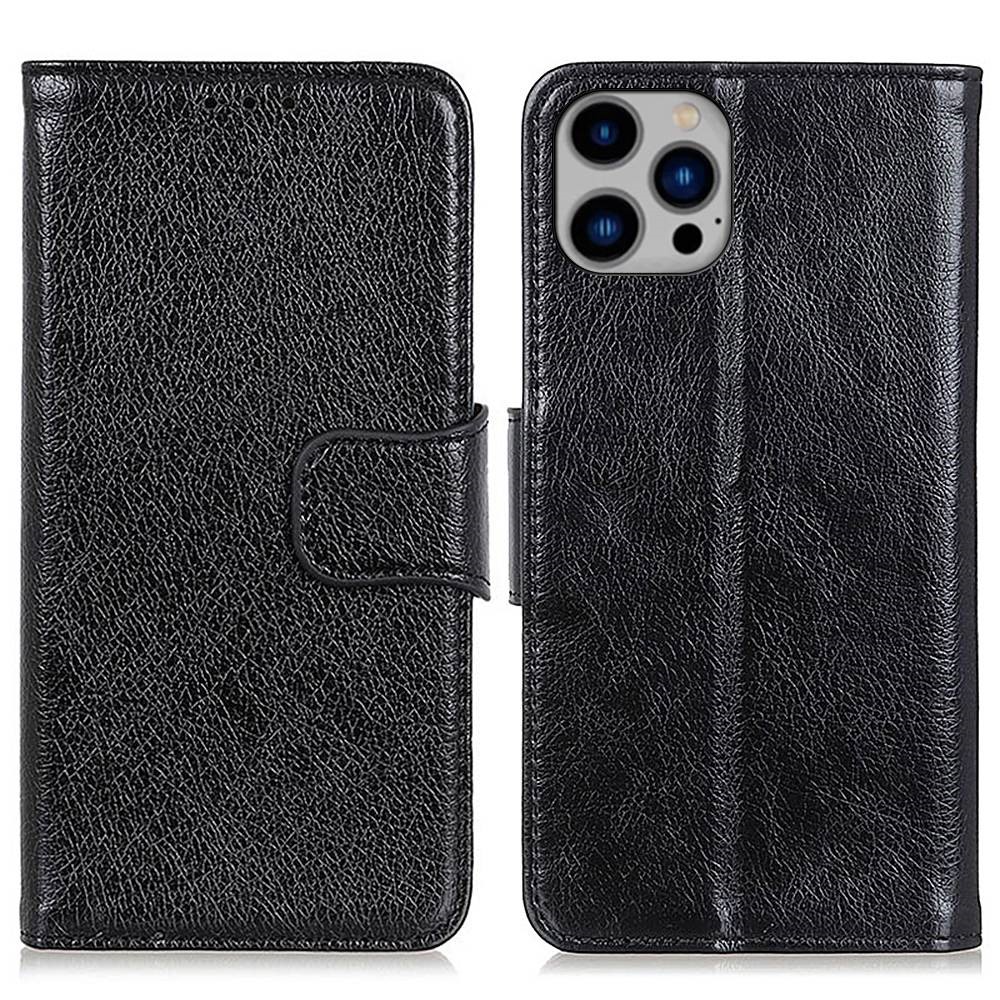 Split Leather Nappa Texture Phone Case for iPhone 14 Max 6.7 inch, Anti-scratch Magnetic Closure Stand Wallet Phone Cover - Black-1