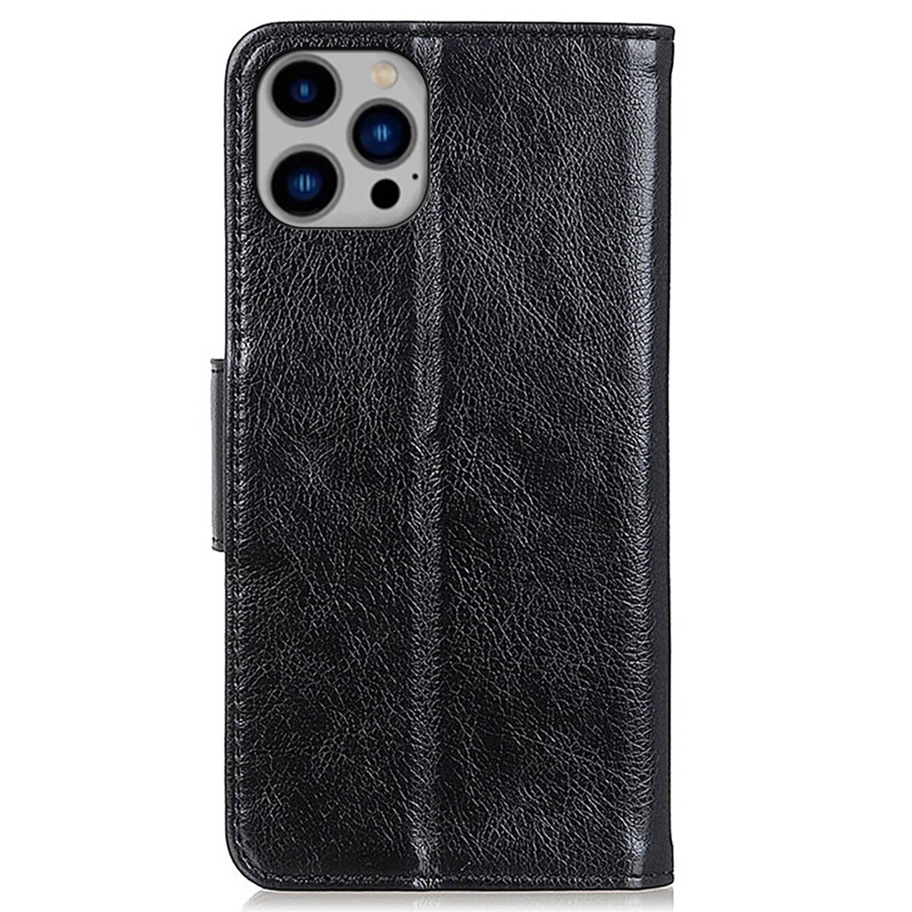 Split Leather Nappa Texture Phone Case for iPhone 14 Max 6.7 inch, Anti-scratch Magnetic Closure Stand Wallet Phone Cover - Black-7