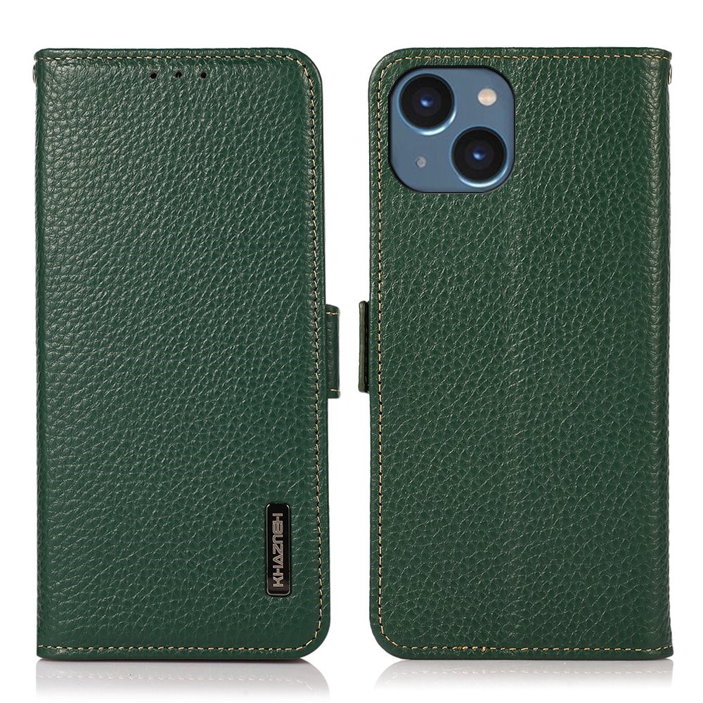 KHAZNEH RFID Blocking Phone Case for iPhone 14 6.1 inch, Litchi Texture Genuine Leather Viewing Stand Wallet Phone Cover - Green-1