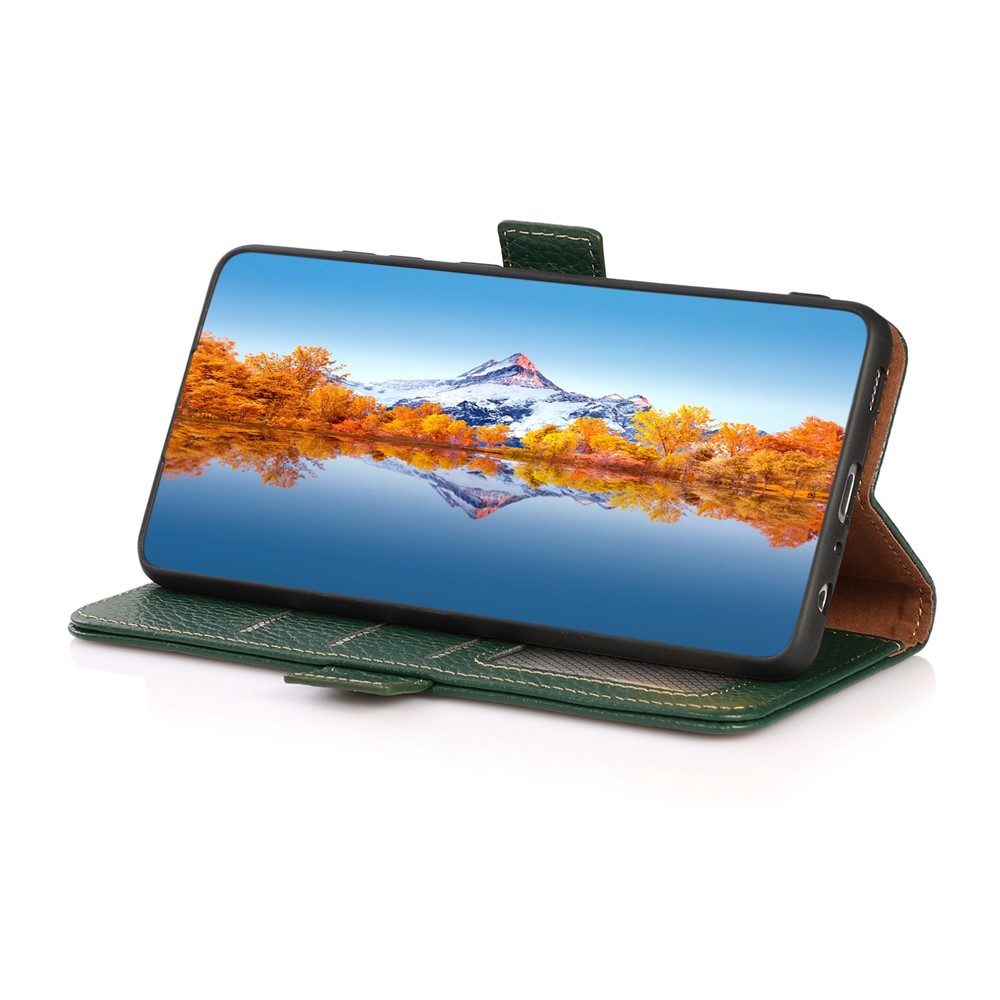 KHAZNEH RFID Blocking Phone Case for iPhone 14 6.1 inch, Litchi Texture Genuine Leather Viewing Stand Wallet Phone Cover - Green-2