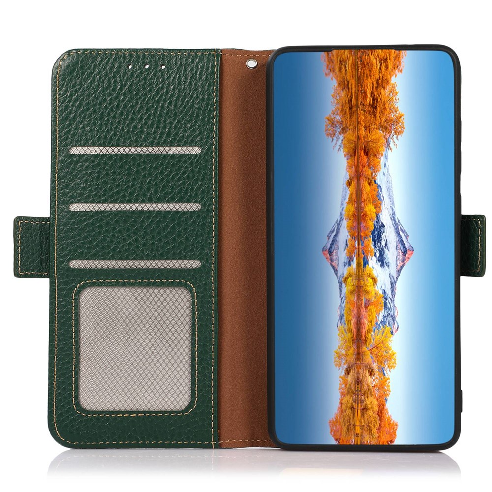KHAZNEH RFID Blocking Phone Case for iPhone 14 6.1 inch, Litchi Texture Genuine Leather Viewing Stand Wallet Phone Cover - Green-3