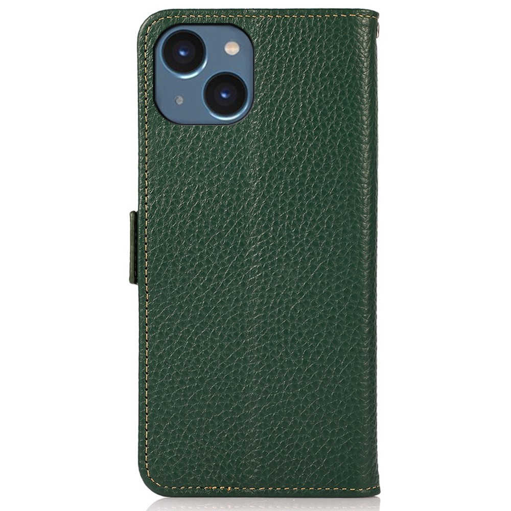 KHAZNEH RFID Blocking Phone Case for iPhone 14 6.1 inch, Litchi Texture Genuine Leather Viewing Stand Wallet Phone Cover - Green-7