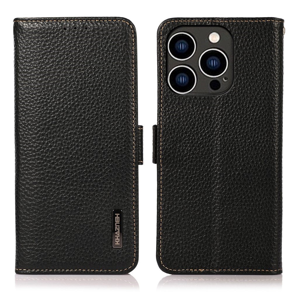 KHAZNEH for iPhone 14 Pro 6.1 inch Flip Wallet Phone Case Litchi Texture Genuine Leather Shockproof TPU Stand Cover with RFID Blocking - Black-1