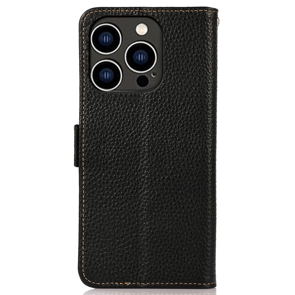 KHAZNEH for iPhone 14 Pro 6.1 inch Flip Wallet Phone Case Litchi Texture Genuine Leather Shockproof TPU Stand Cover with RFID Blocking - Black-8