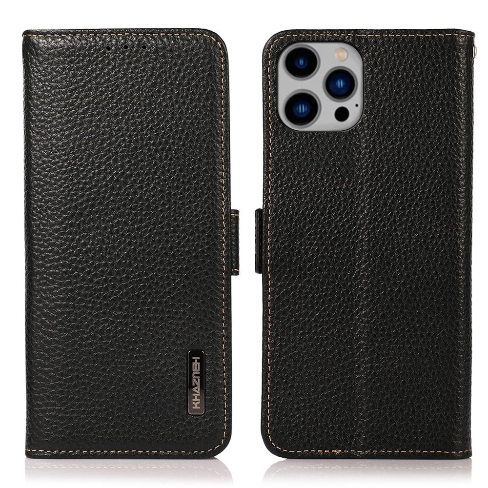 KHAZNEH for iPhone 14 Max 6.7 inch Litchi Texture Genuine Leather Case Magnetic Closure Stand RFID Blocking Protection Wallet Phone Cover - Black-1