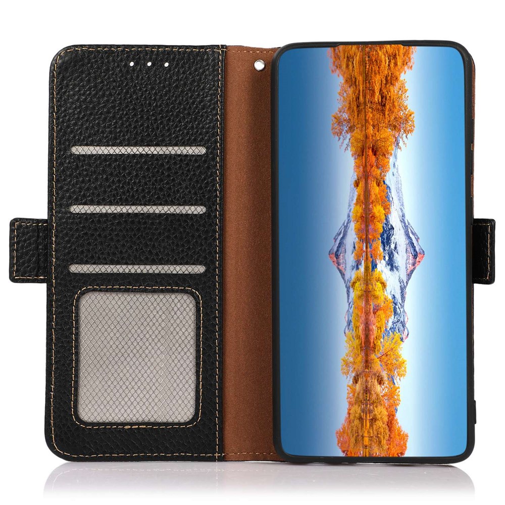 KHAZNEH for iPhone 14 Max 6.7 inch Litchi Texture Genuine Leather Case Magnetic Closure Stand RFID Blocking Protection Wallet Phone Cover - Black-3