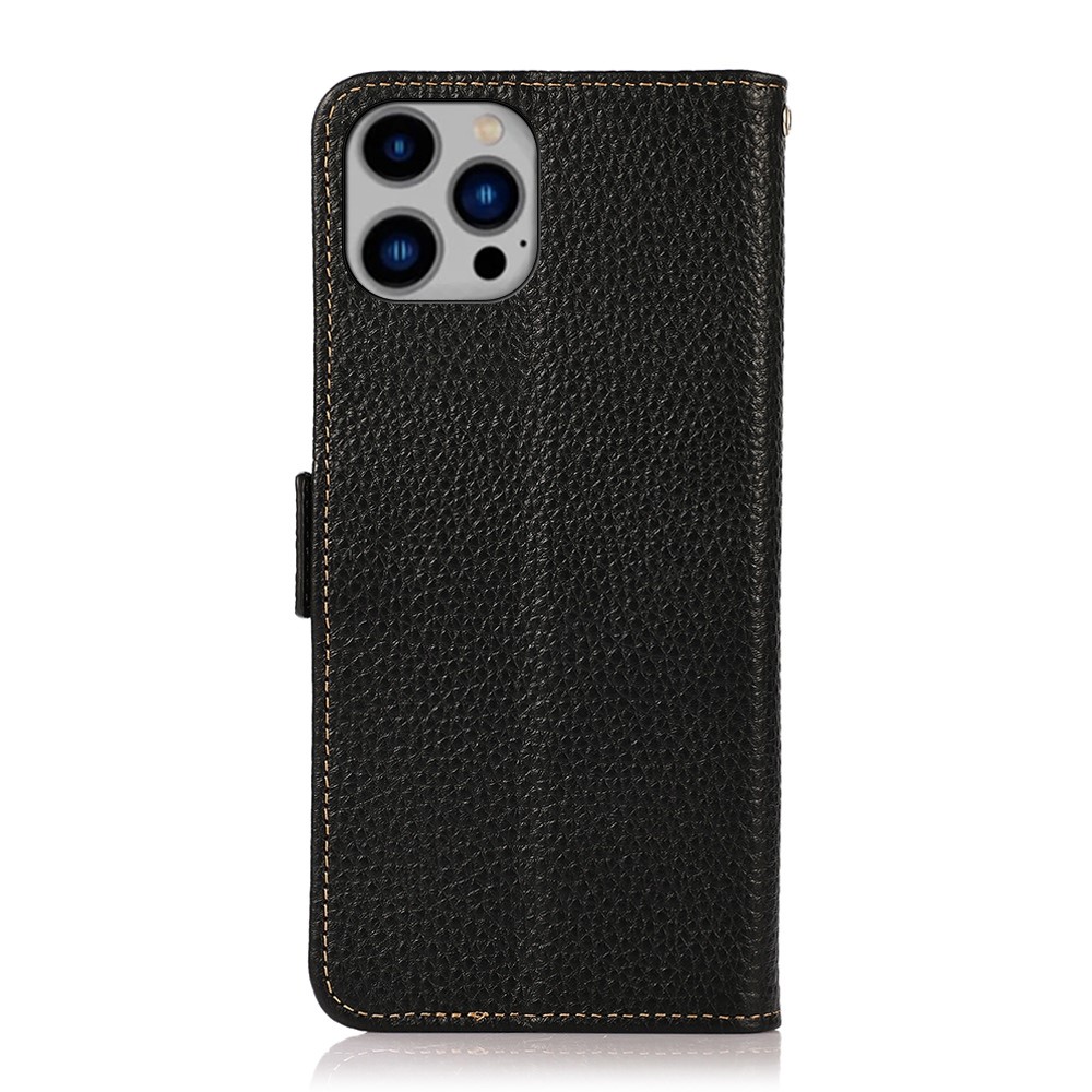 KHAZNEH for iPhone 14 Max 6.7 inch Litchi Texture Genuine Leather Case Magnetic Closure Stand RFID Blocking Protection Wallet Phone Cover - Black-8