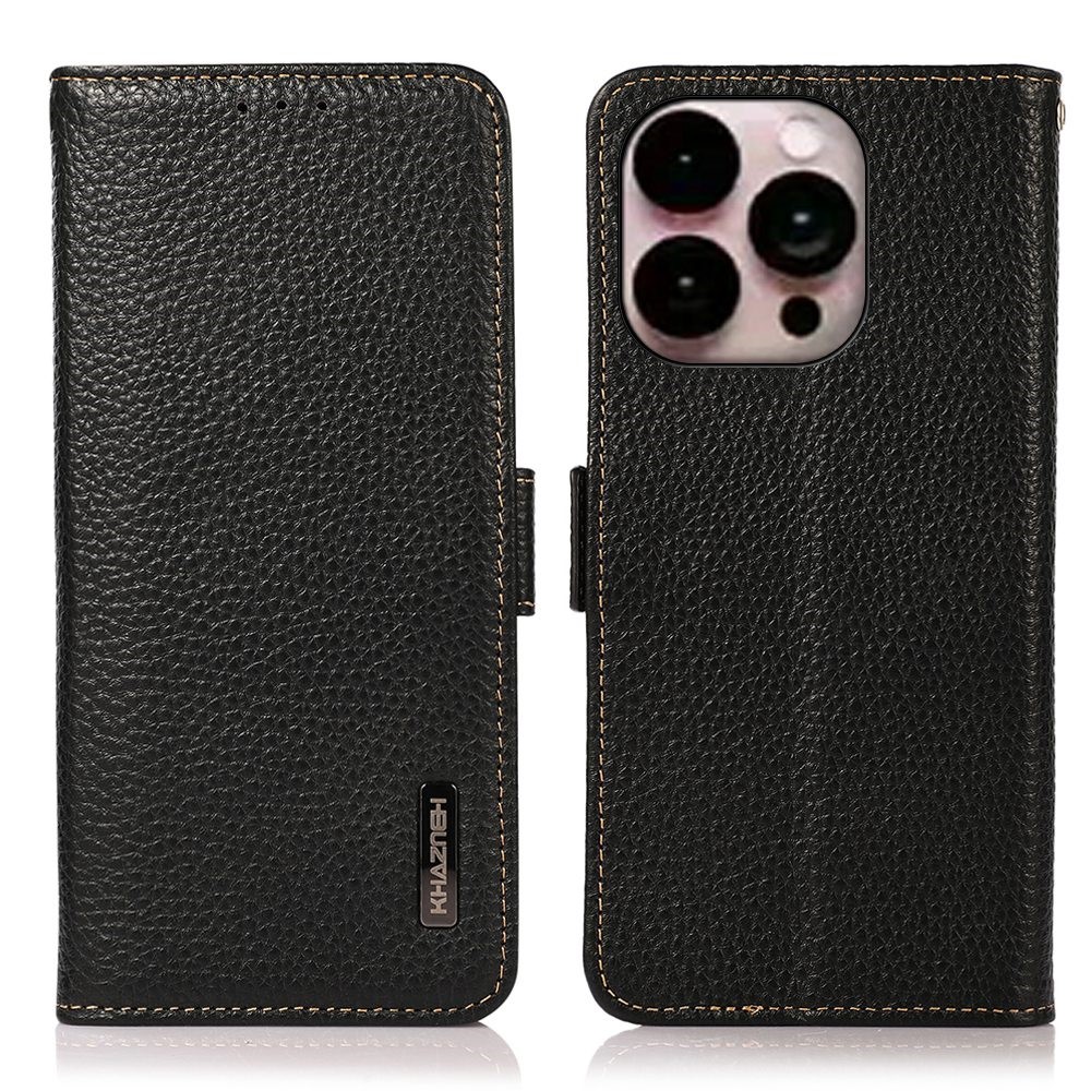 KHAZNEH for iPhone 14 Pro Max 6.7 inch Genuine Leather RFID Blocking Flip Wallet Case Litchi Texture Book Flip Folio Stand View Phone Cover - Black-1