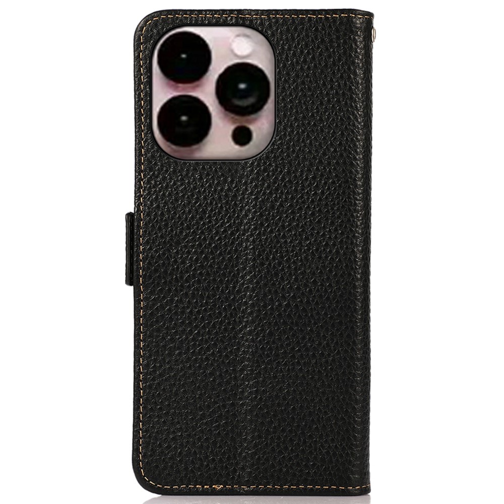 KHAZNEH for iPhone 14 Pro Max 6.7 inch Genuine Leather RFID Blocking Flip Wallet Case Litchi Texture Book Flip Folio Stand View Phone Cover - Black-7