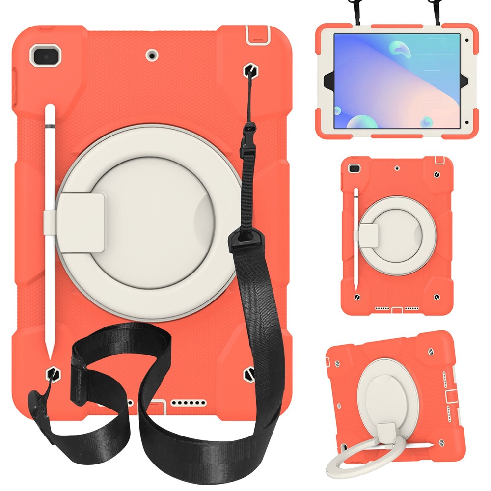 For iPad 10.2 (2021)/(2019)/(2020) Anti-fall Protective Case Shockproof Tablet Cover Lightweight Scratch Resistant Case with Kickstand/Shoulder Strap - Coral Orange