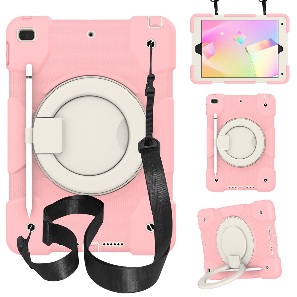 For iPad 10.2 (2021)/(2019)/(2020) Anti-fall Protective Case Shockproof Tablet Cover Lightweight Scratch Resistant Case with Kickstand/Shoulder Strap - Sakura Pink
