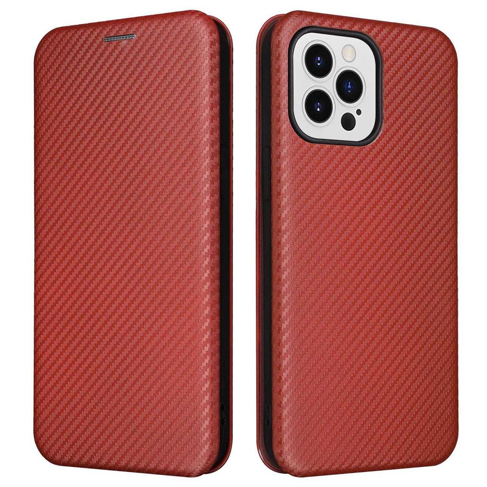 For iPhone 14 Pro 6.1 inch Anti-fall Phone Cover with Card Slot Magnetic Absorption Carbon Fiber Texture PU Leather Flip Cover Stand - Brown-1