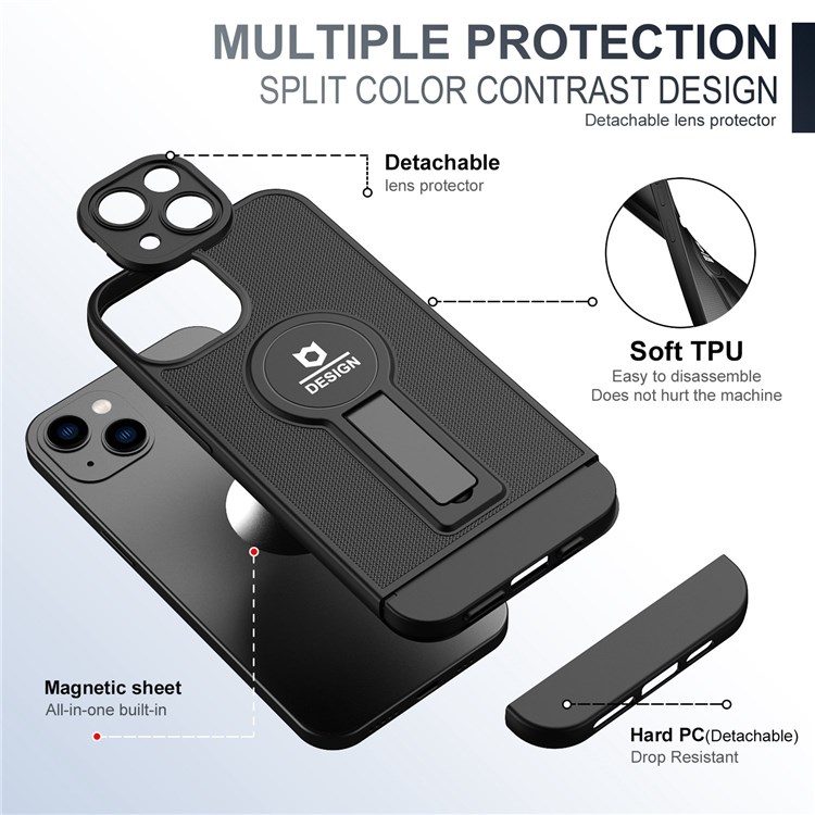 For iPhone 13 6.1 inch PC+TPU Phone Case Anti-fall Cellphone Cover with Detachable Lens Protector Phone Protective Shell with Kickstand - Black-2