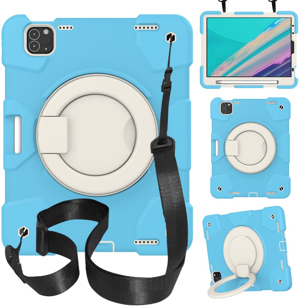For iPad Pro 11 (2021) / (2020) / (2018) / (2022) / iPad Air (2022) / (2020) Kickstand Tablet Case PC + Silicone Shockproof Hybrid Cover with Shoulder Strap - Sky Blue