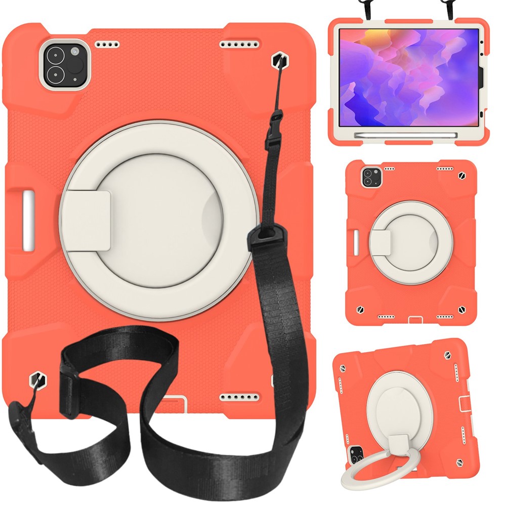 For iPad Pro 11 (2021) / (2020) / (2018) / (2022) / iPad Air (2022) / (2020) Kickstand Tablet Case PC + Silicone Shockproof Hybrid Cover with Shoulder Strap - Coral Orange