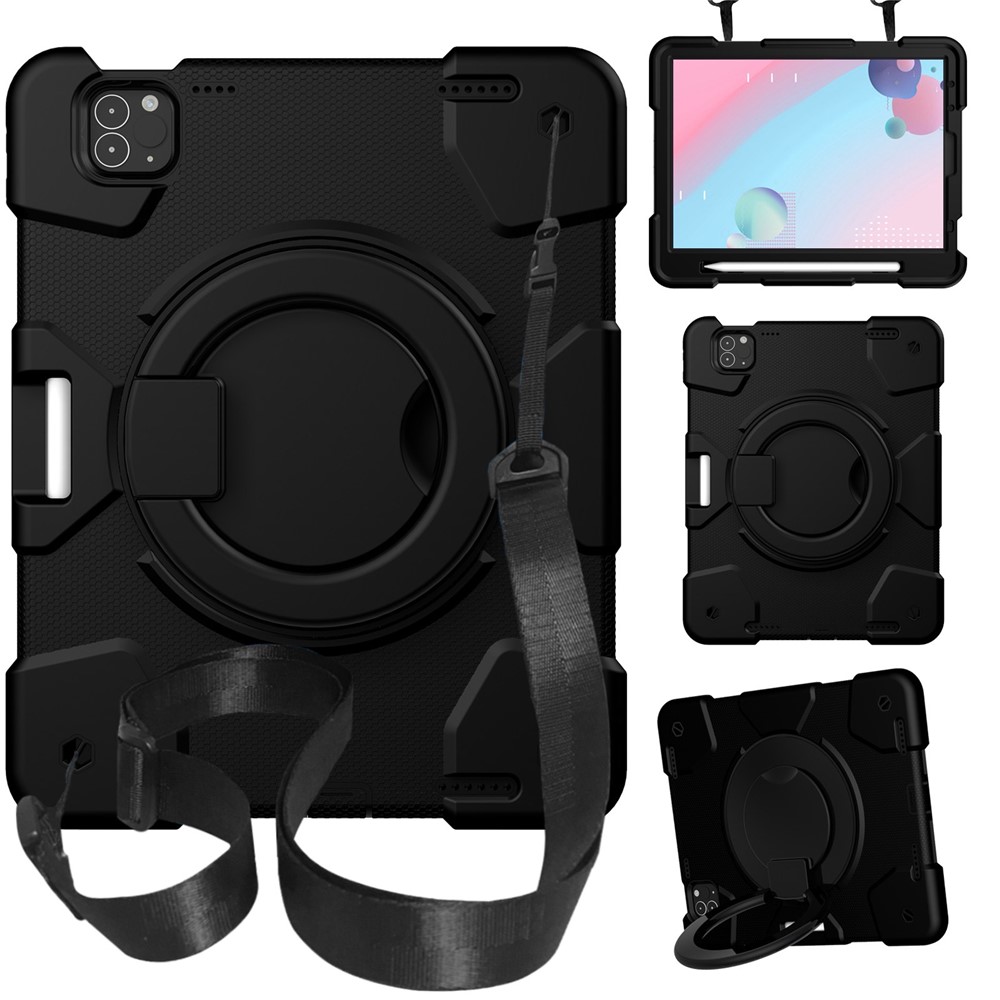 For iPad Pro 11 (2021) / (2020) / (2018) / (2022) / iPad Air (2022) / (2020) Kickstand Tablet Case PC + Silicone Shockproof Hybrid Cover with Shoulder Strap - Black