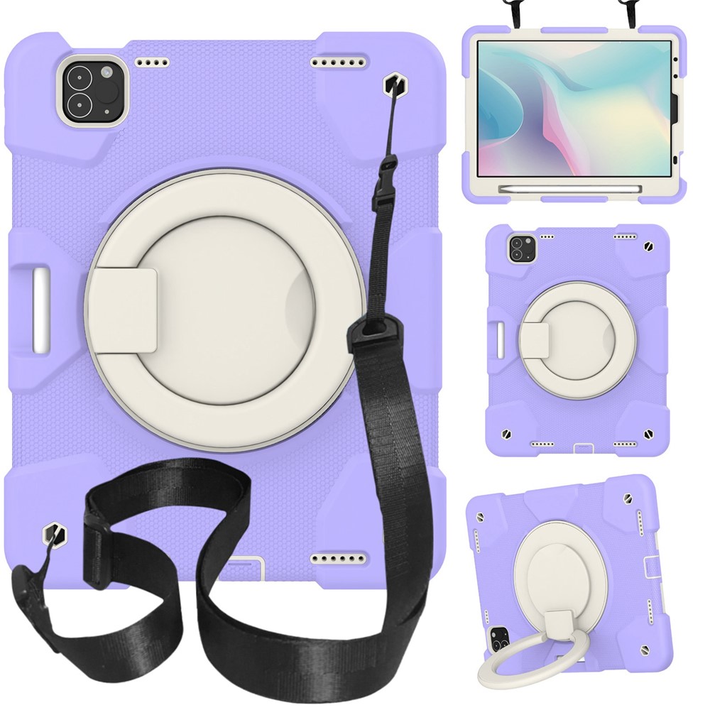 For iPad Pro 11 (2021) / (2020) / (2018) / (2022) / iPad Air (2022) / (2020) Kickstand Tablet Case PC + Silicone Shockproof Hybrid Cover with Shoulder Strap - Taro Purple