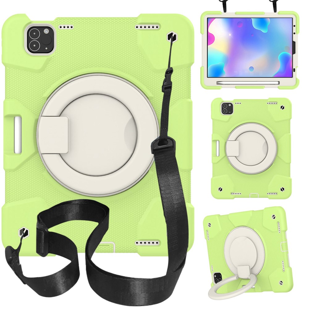 For iPad Pro 11 (2021) / (2020) / (2018) / (2022) / iPad Air (2022) / (2020) Kickstand Tablet Case PC + Silicone Shockproof Hybrid Cover with Shoulder Strap - Matcha Green