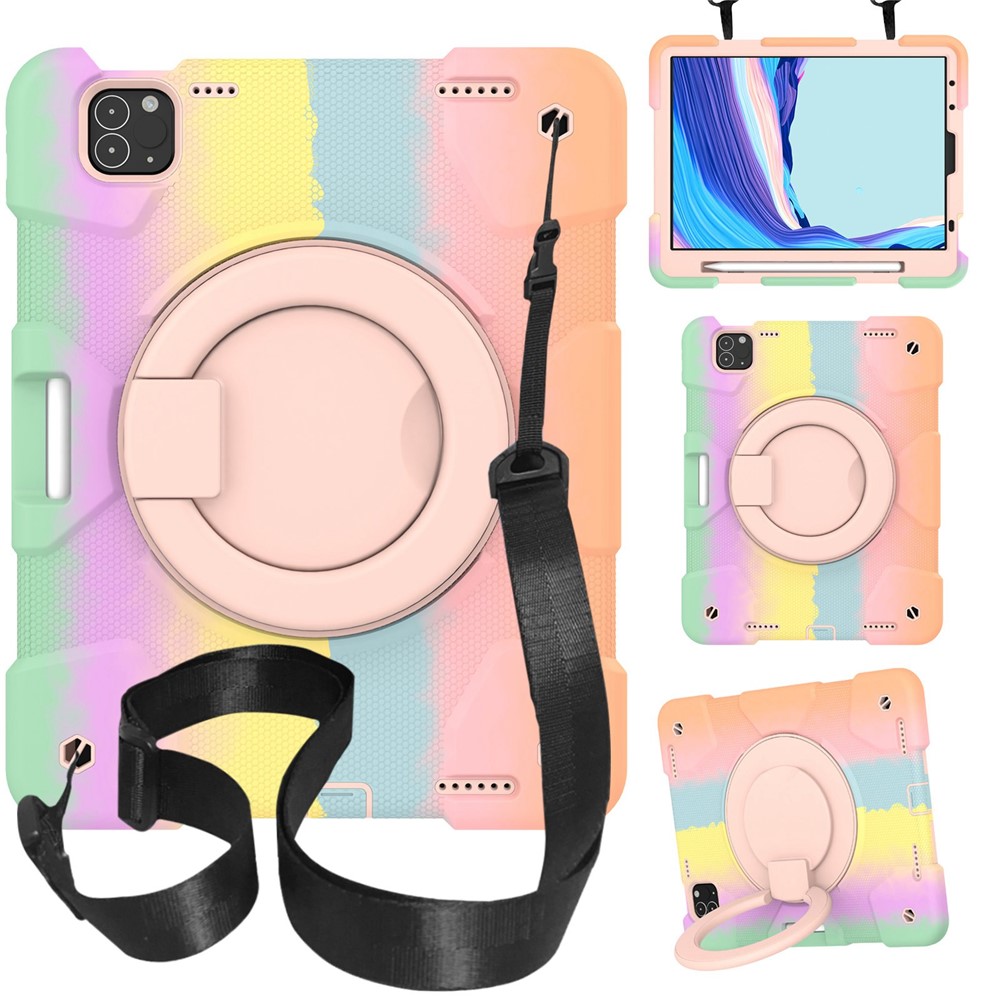 For iPad Pro 11 (2021) / (2020) / (2018) / (2022) / iPad Air (2022) / (2020) Colorful Tablet Cover Scratch-Resistant Kickstand Case with Shoulder Strap - Colorful Rose Gold
